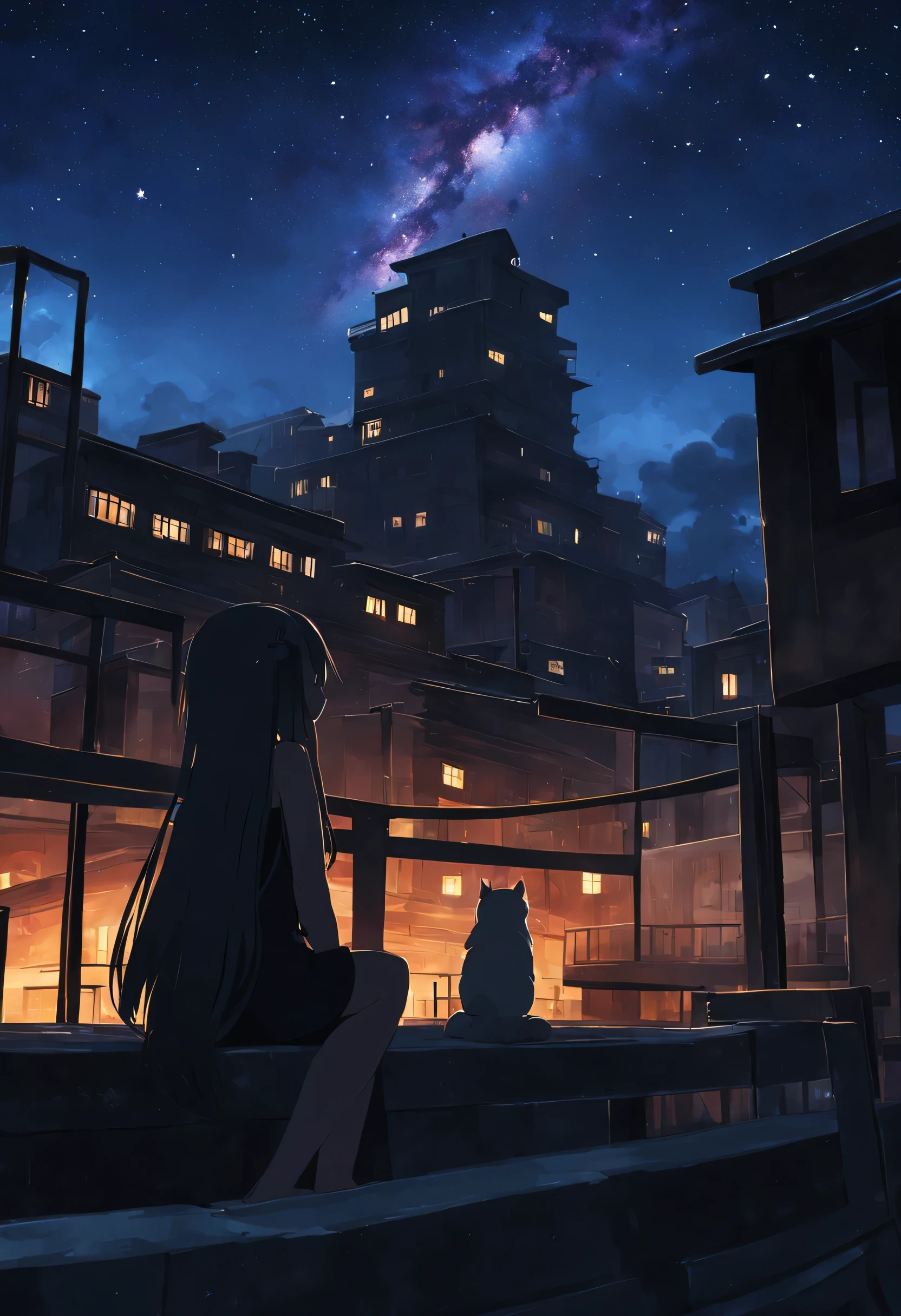 octane number, null, star (null), scenery, starry null, night, 1 girl, night null, alone, outdoor, building, cloud, milky way, sitting, wood, long hair, city, silhouette, cityscapeアニメ - starや惑starのある美しいnullのシーンのスタイル, 宇宙のnull. por makoto shinkai, anime art wallpaper 4k, anime art wallpaper 4k, anime art wallpaper 8k, 4k anime wallpaper, anime wallpaper 4k, 4k anime wallpaper, アニメのnull, Amazing wallpapers on paper, anime background, 背景に天の惑star, anime backgroundアート, 