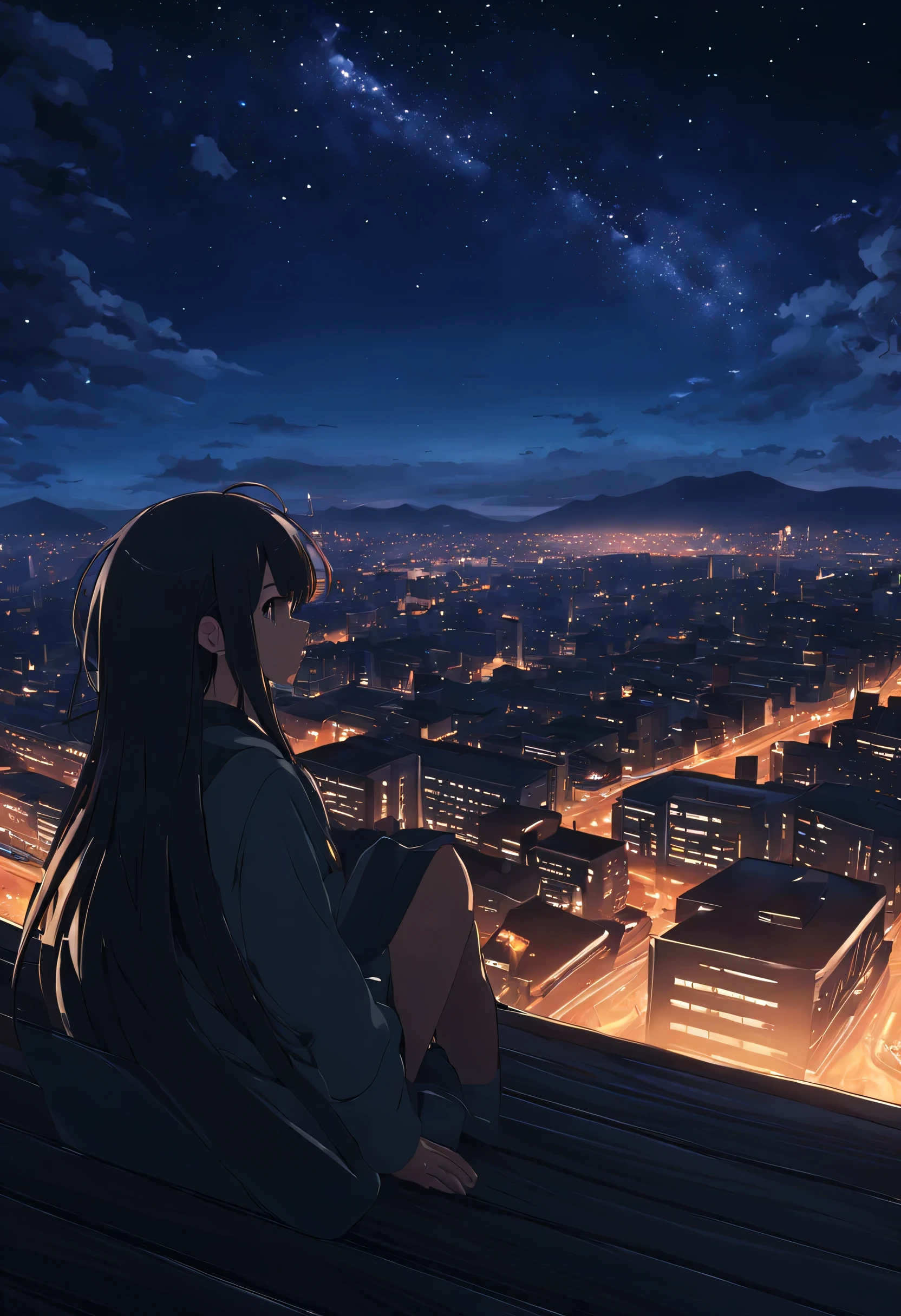 octane number, null, star (null), scenery, starry null, night, 1 girl, night null, alone, outdoor, building, cloud, milky way, sitting, wood, long hair, city, silhouette, cityscapeアニメ - starや惑starのある美しいnullのシーンのスタイル, 宇宙のnull. por makoto shinkai, anime art wallpaper 4k, anime art wallpaper 4k, anime art wallpaper 8k, 4k anime wallpaper, anime wallpaper 4k, 4k anime wallpaper, アニメのnull, Amazing wallpapers on paper, anime background, 背景に天の惑star, anime backgroundアート, 