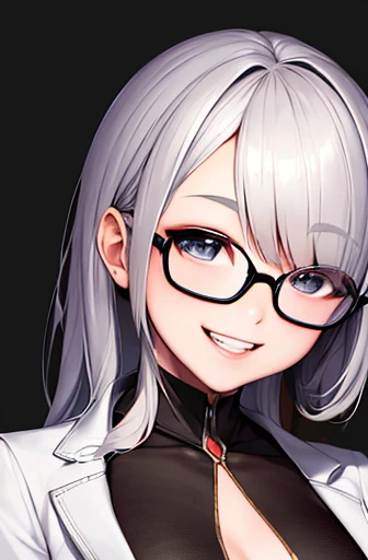 head shot,glasses,smile with visible teeth,suit, adorable, girl, highest quality, ultra high resolution, photo-realistic, Super detailed, 8K, RAW photo NSFW