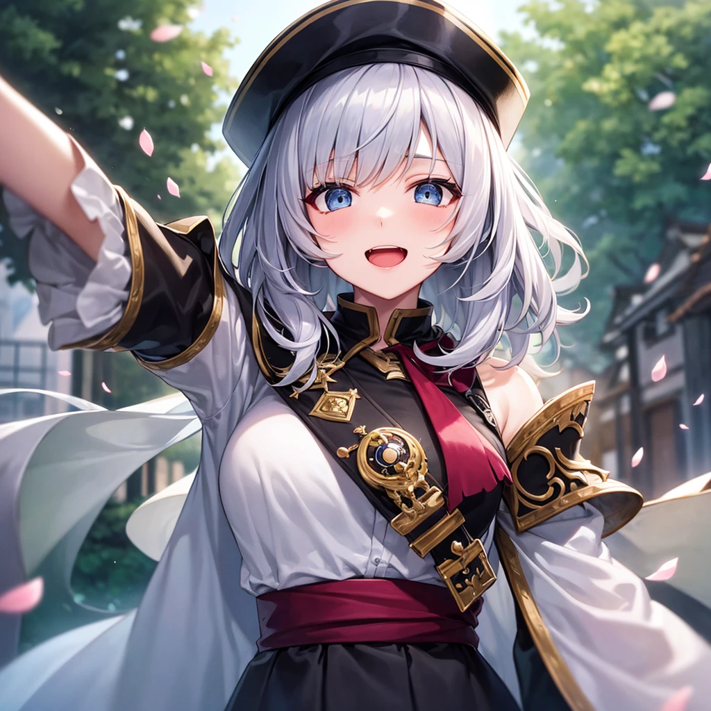 super high quality, with a girl, 20-year-old, very short hair, long bangs between the eyes, gray eyes , blue sky, sunlight, very detailed,(masterpiece、highest quality)、alone、gray hair、laughter、fantasy, silver hair, black eye, beautiful eyes,, ecstasy, charm, be smitten with audience, fantasyな風景、Princess、white clothes、cherry blossoms、hat、night