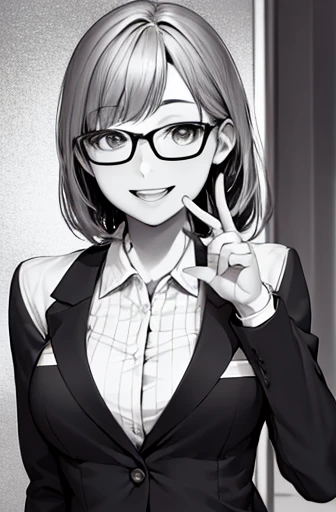 upper body shot,glasses,smile with visible teeth,suit, adorable, girl, highest quality, ultra high resolution, photo-realistic, Super detailed, 9K, RAW photo NSFW