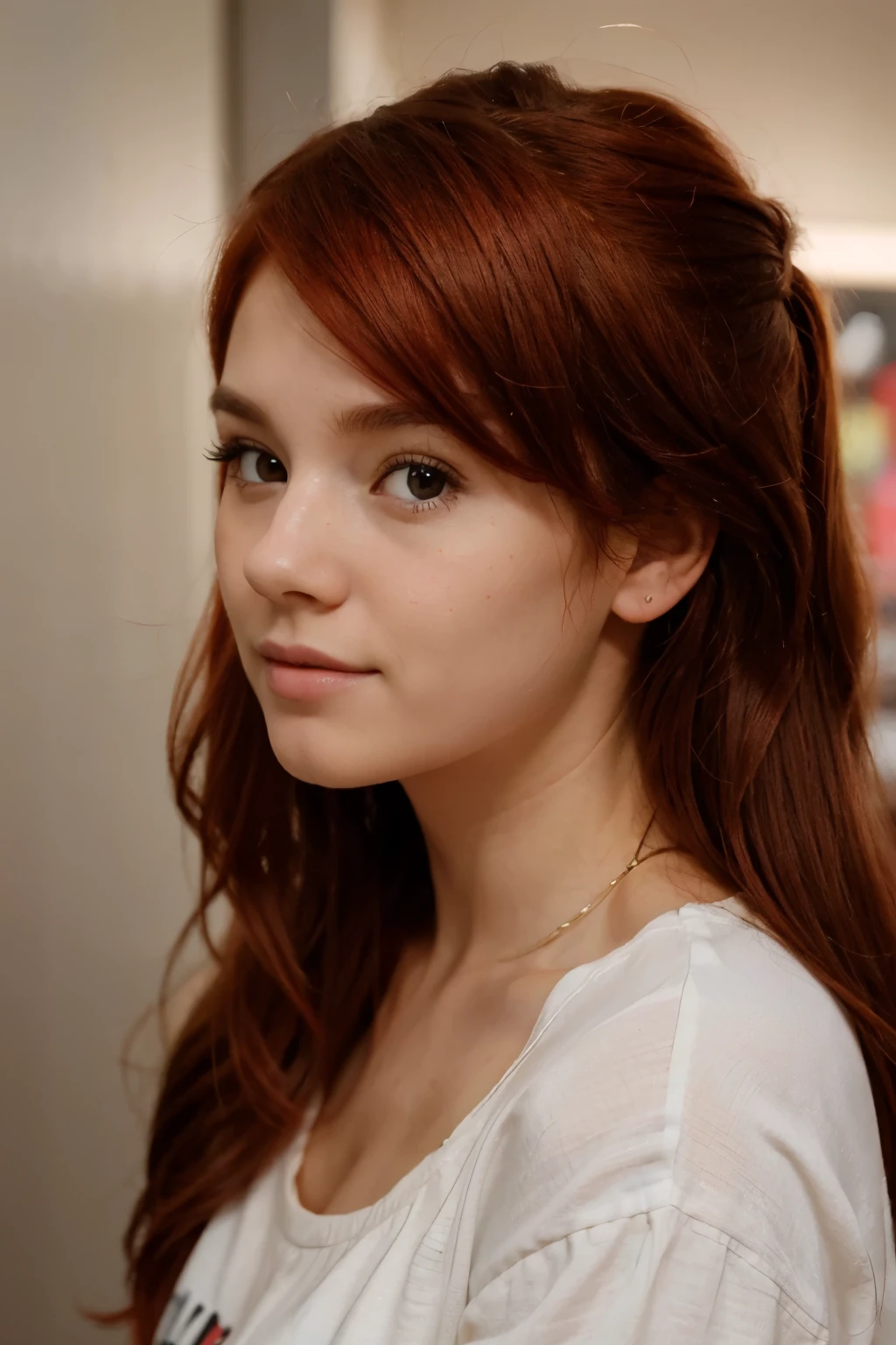 Cute girl posed for a profile picture facing the camera for social media with red hair