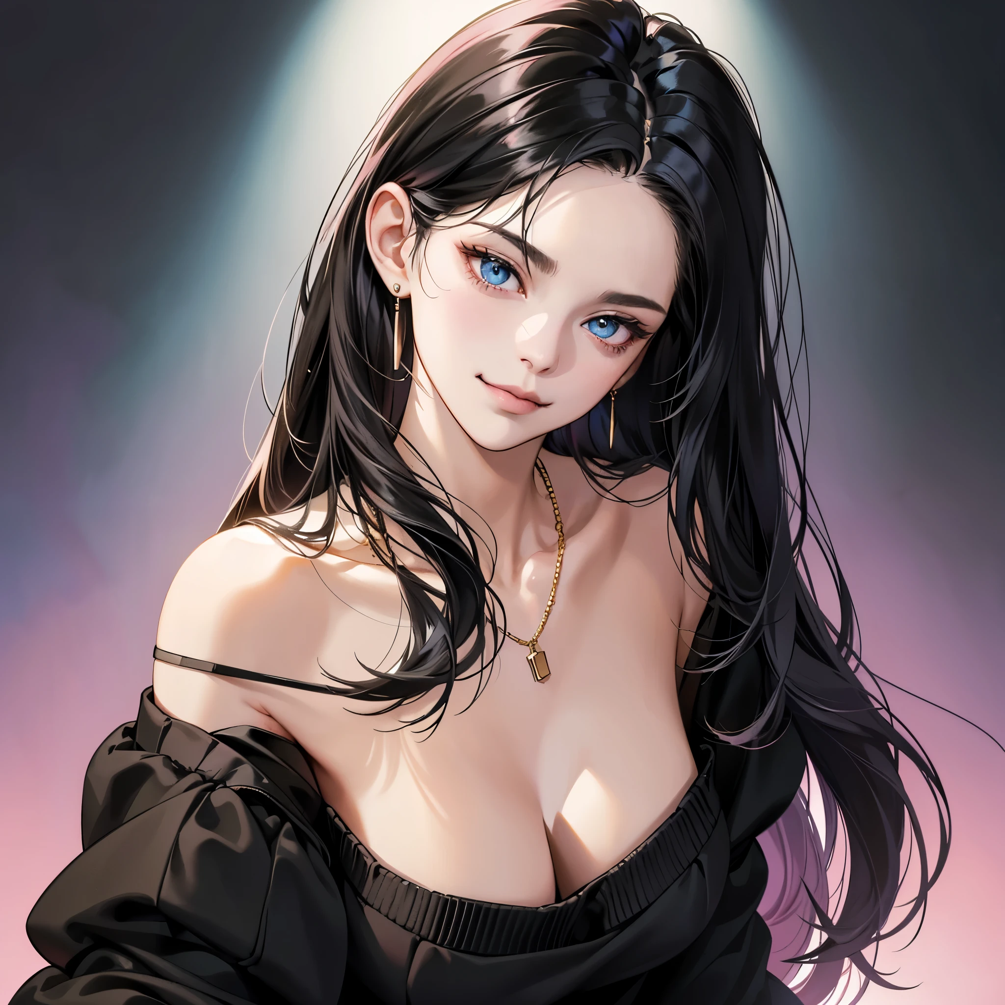 (best quality,4k,8k,highres,masterpiece:1.2),ultra-detailed,(realistic,photorealistic,photo-realistic:1.37),1 beautiful woman,30 years old,long wavy black hair,glowing long drop dangle earrings,bracelet,necklace cleavage,perfect body,black long dress,wrist watch,extremely detailed eyes and face,beautiful detailed eyes,beautiful detailed lips,longeyelashes,red lipstick