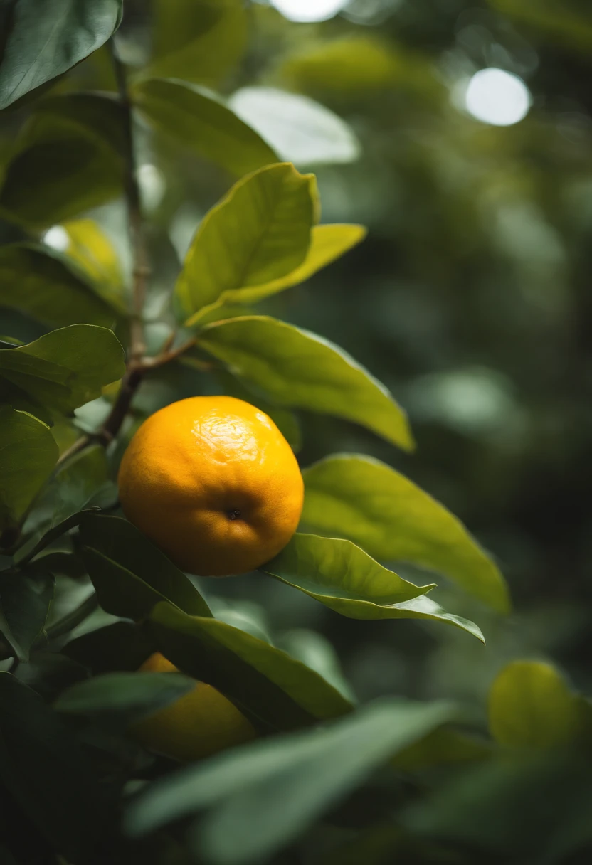 An aesthetic photography composition showcasing a yellow mandarin fruit amidst a cluster of vibrant green leaves, with the natural light casting beautiful shadows and highlights, creating a visually pleasing and organic scene.