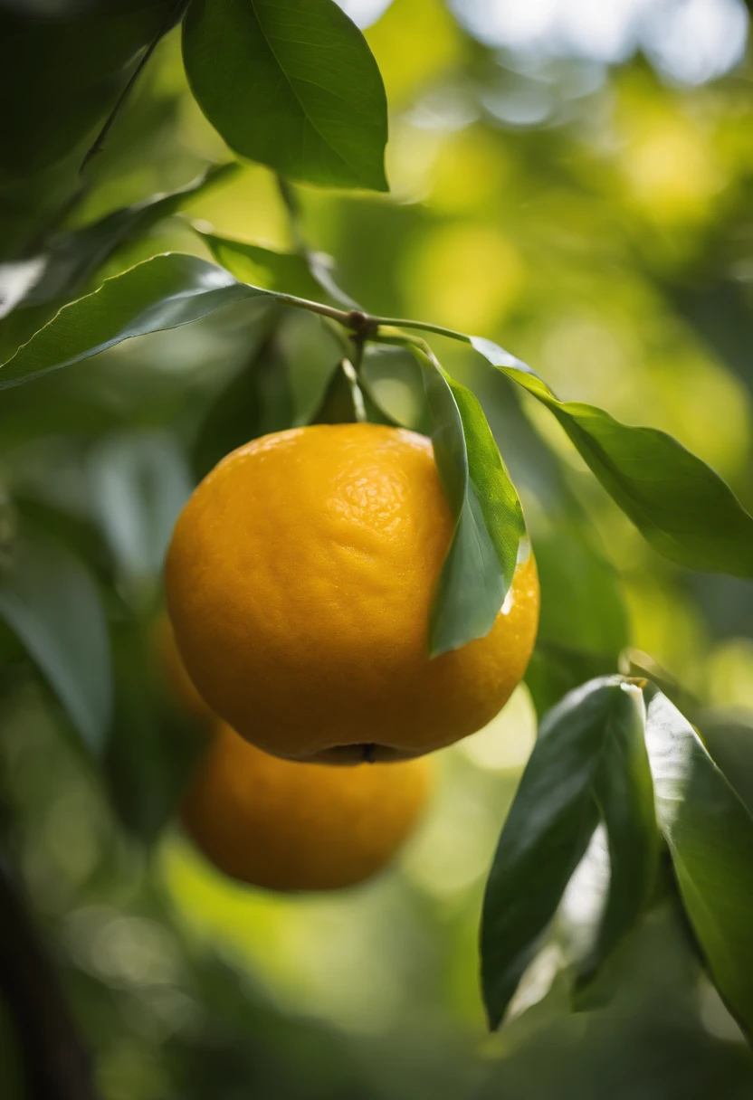 An aesthetic photography composition showcasing a yellow mandarin fruit amidst a cluster of vibrant green leaves, with the natural light casting beautiful shadows and highlights, creating a visually pleasing and organic scene.