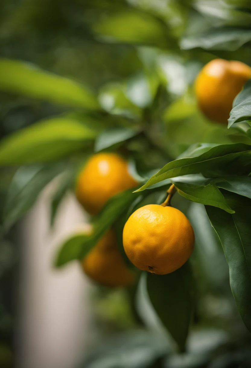 An aesthetic photography composition showcasing a yellow mandarin fruit amidst a cluster of vibrant green leaves, with the natural light casting beautiful shadows and highlights, creating a visually pleasing and organic scene.