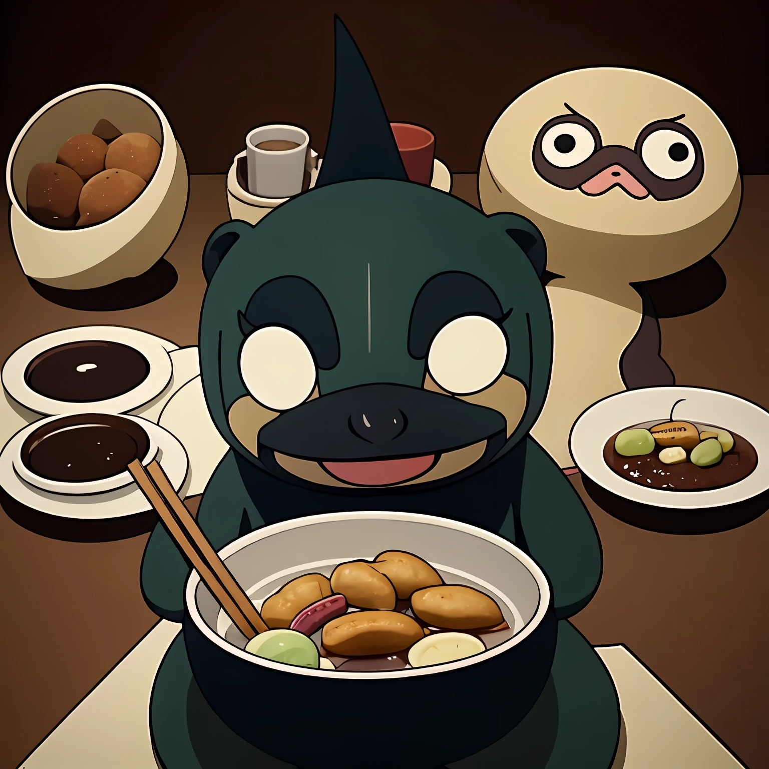 Photo, platypus eating oden, Cartoon style animation