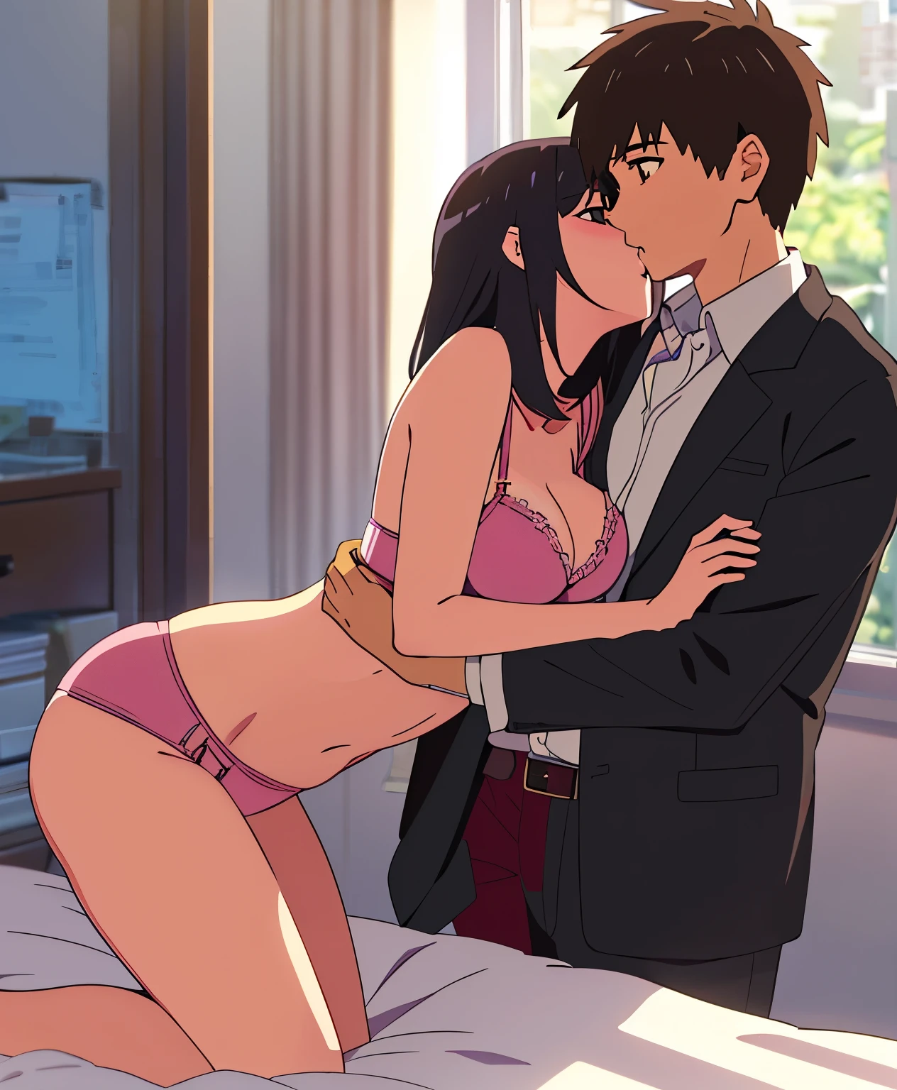 shinkai makoto, kimi no na wa., 1boy, buzzcut, office suit, boy caressing girl's body, kiss cheeks, sex from behind, sex, Doggystyle, boy is hugging from behind, chestgrope from behind, boy is touchig girl's chest, hold chest, 1girl, bangs, black hair, brown eyes, Twisted Half Up Hair, red ribbon, long hair, yellow collared shirt, open shirt, off shoulders,unbuttoned shirt, pink bra, cleavage, breast, medium breast, bottomless, storage room, indoors, masterpiece, perfect anatomy, cowboyshot