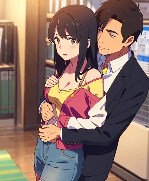 shinkai makoto, kimi no na wa., 1middle age man, wrinkle face, black hair,bangs swept to the right side, office suit, middle aged man caressing girl's body, kiss cheeks, passionate hug, boy is hugging from behind, chestgrope from behind, middle aged man is touchig girl's chest, hold chest, 1girl, bangs, black hair, open mouth,brown eyes, Twisted Half Up Hair, red ribbon, long hair, yellow cardigan,off shoulder cardigan, open shirt, white shirt, cleavage, breast, medium breast, blue pants, storage room, indoors, masterpiece, perfect anatomy, cowboyshot