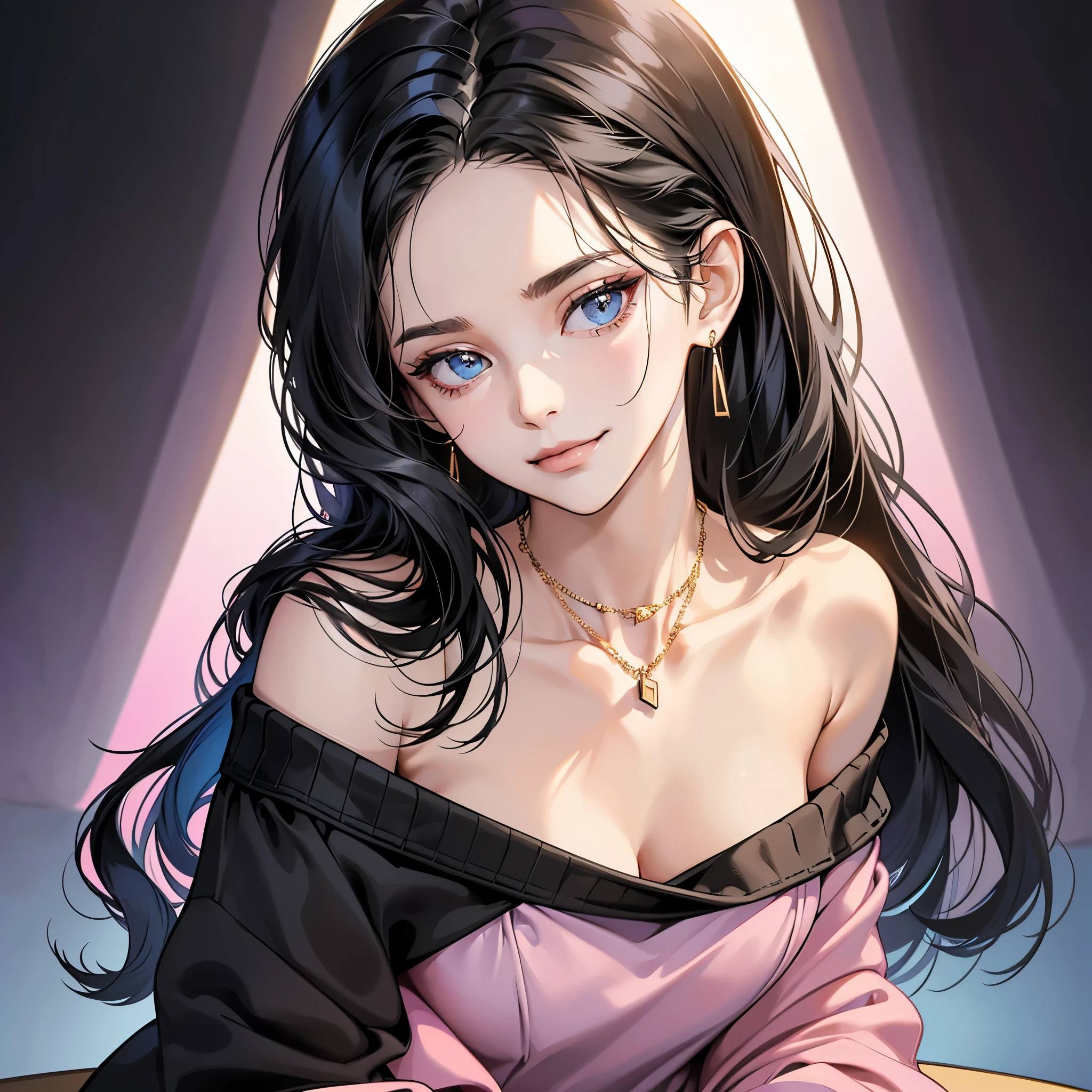 (table top, digital art, digital illustration, 4K, 8K, super detailed, beautiful images, clear image, realistic, RAW photo, perfect face, perfect lines, perfect eyes, soft lighting) ,1 female, (long black hair,Bullish gaze,beautiful woman,closed mouth,smirk,Mature,slender,23 year old female,:1.3),Wearing an off-shoulder black sweater, she looks back at the viewer.、Earrings and necklace are pink gold、Black and blue gradient background