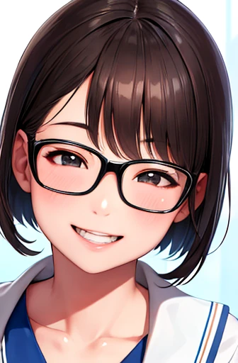 head shot,glasses,smile with visible teeth,school uniform, adorable, girl, highest quality, ultra high resolution, photo-realistic, Super detailed, 8K, RAW photo NSFW
