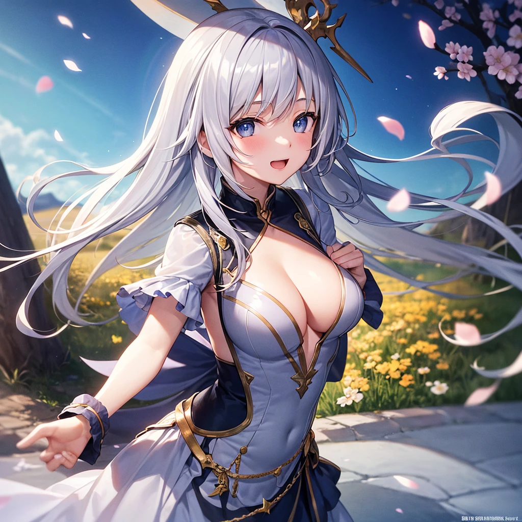 super high quality, with a girl, 20-year-old, very short hair, long bangs between the eyes, gray eyes , blue sky, sunlight, very detailed,(masterpiece、highest quality)、alone、gray hair、laughter、fantasy, silver hair, black eye, beautiful eyes,, ecstasy, charm, be smitten with audience, fantasyな風景、Princess、white clothes、cherry blossoms、night