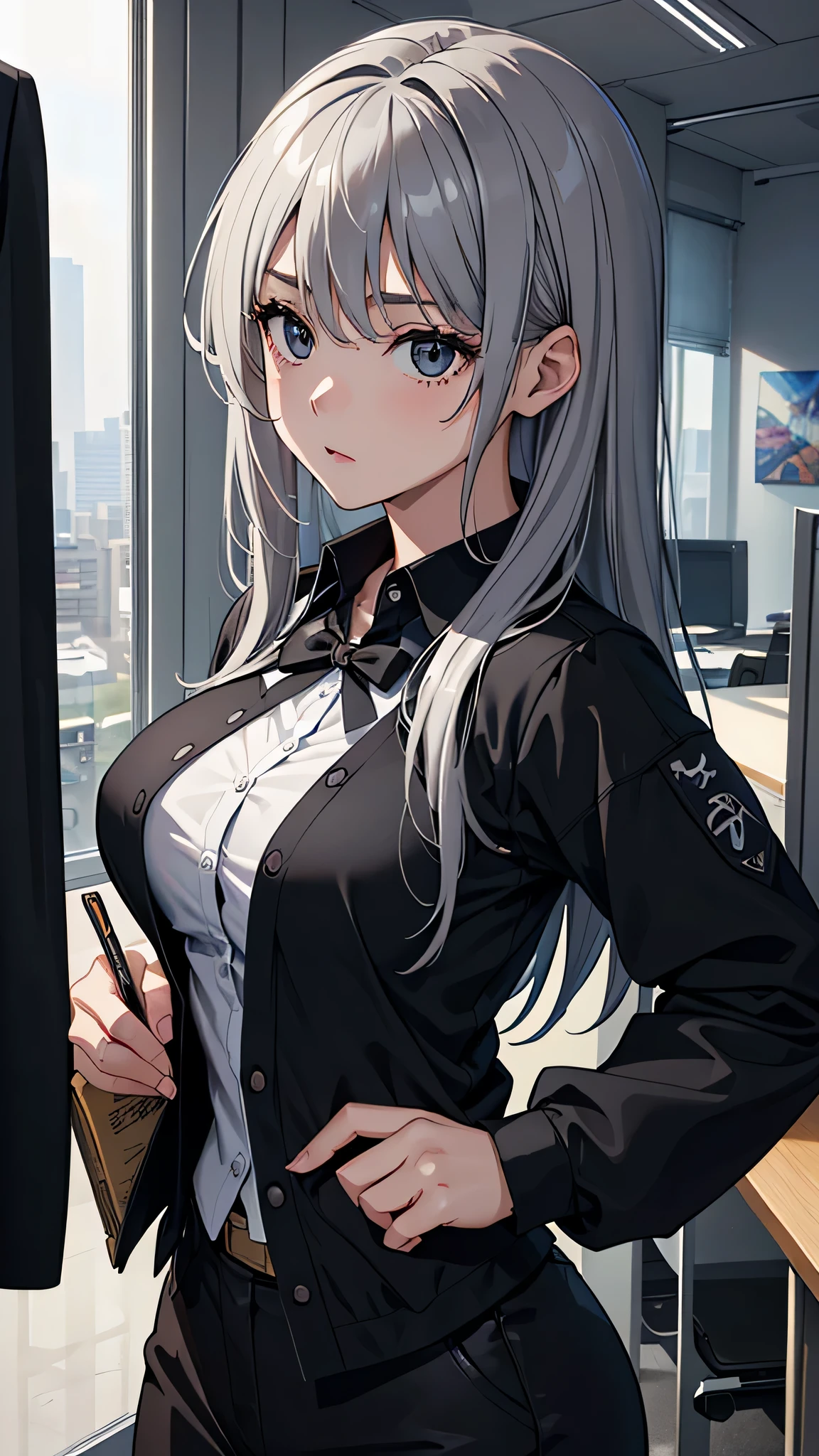 最high quality、best image quality、masterpiece、age girl((18-year-old、 By becoming、vest bust、medium bust,wide open breast tea、black eye, gray hair、long hair、thin,highest valley、Black Y-shirt、Black Recruit Suit,Have a document、confusion)),high quality、beautiful art、background((company office))debris flies、Depth of written boundary、movie、visual art、perfect art、8K,genuine