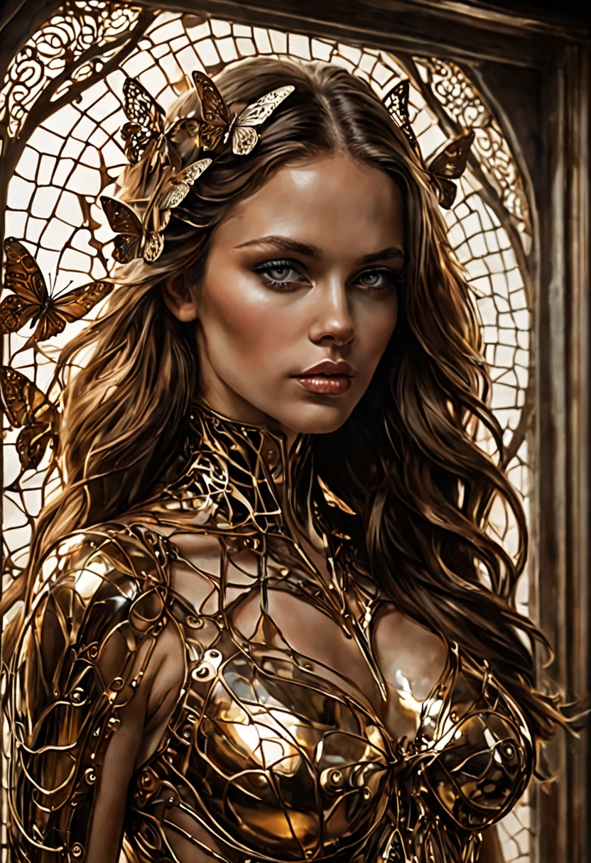 In the memorable style of Casey Baugh, art of a nude beautiful young cyborg girl with long brown hair, futuristic, Science fiction, difficult, elegant, very detailed, majestic, Baugh&#39;s brush imbues the painting with a unique combination of realism and abstraction., Greg Rutkowski, surreal gold filigree, Broken glass, (masterpiece, side lighting, finely detailed beautiful eyes: 1.2), HDR, Realistic picture, Genuine Leather, Textured leather, Closed mouth, Crystal Eyes, butterfly filigree, Eye makeup, Robot joints, long hair, fluttering in the wind, window, going out into another world, Bow&#39;s distinctive style captures the essence of her mysterious nature.., inviting viewers to explore the depths of her soul, Award-winning art