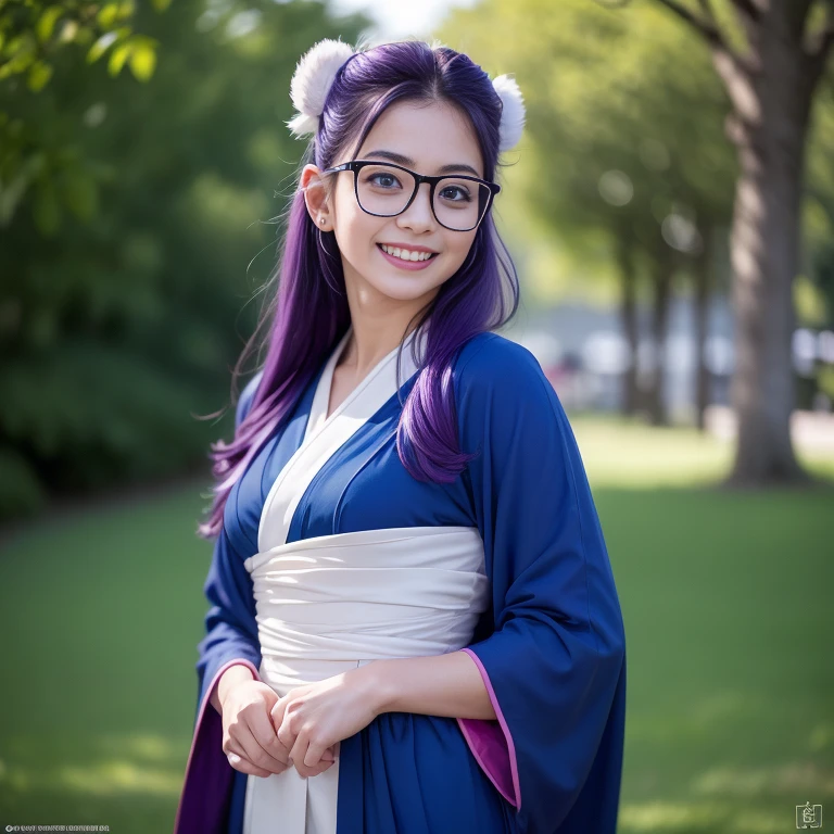 (masterpiece, best quality:1.4), (standing:1.5) (graceful pose:1), 1girl, solo, (european youth:1), arale, glasses, blue eyes, long hair, purple hair, with the word "ARALE", dark blue kimono, looking at viewer, beautiful smile, beautiful face, smiley eyes, highly detailed face, highly detailed eyes, white teeth, mature looking, highly detailed skin, skin pores, subsurface scattering, realistic pupils, full face blush, full lips, detailed background, depth of field, volumetric lighting, sharp focus, absurdres, realistic proportions, good anatomy, (realistic, hyperrealistic:1.4), 16k hdr,