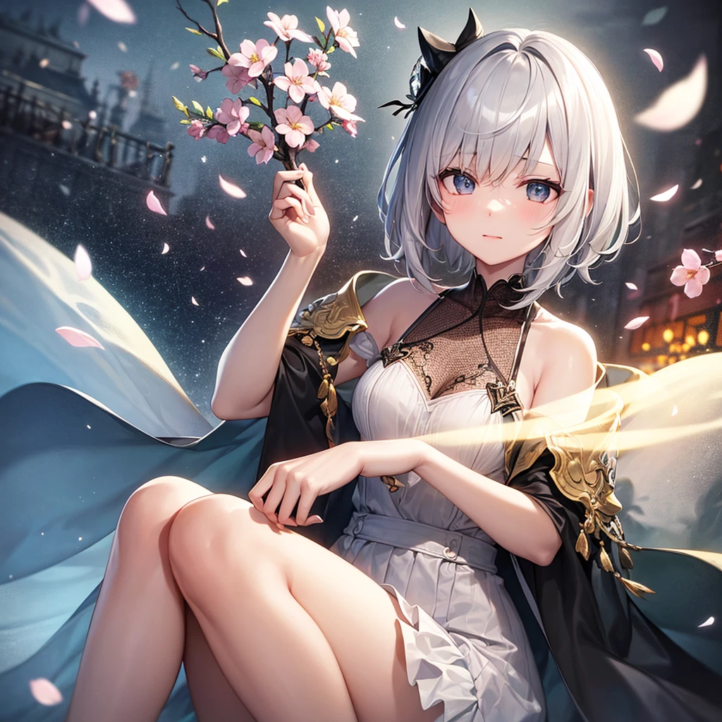 super high quality, with a girl, 20-year-old, very short hair, long bangs between the eyes, gray eyes , very detailed,(masterpiece、highest quality)、alone、gray hair、fantasy, silver hair, black eye, beautiful eyes,, ecstasy, charm, be smitten with audience, fantasyな風景、Princess、white clothes、cherry blossoms、hat、night