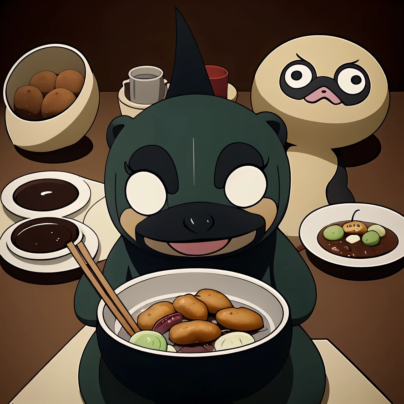 Photo, platypus eating oden, Cartoon style animation, cute eyes and black fur