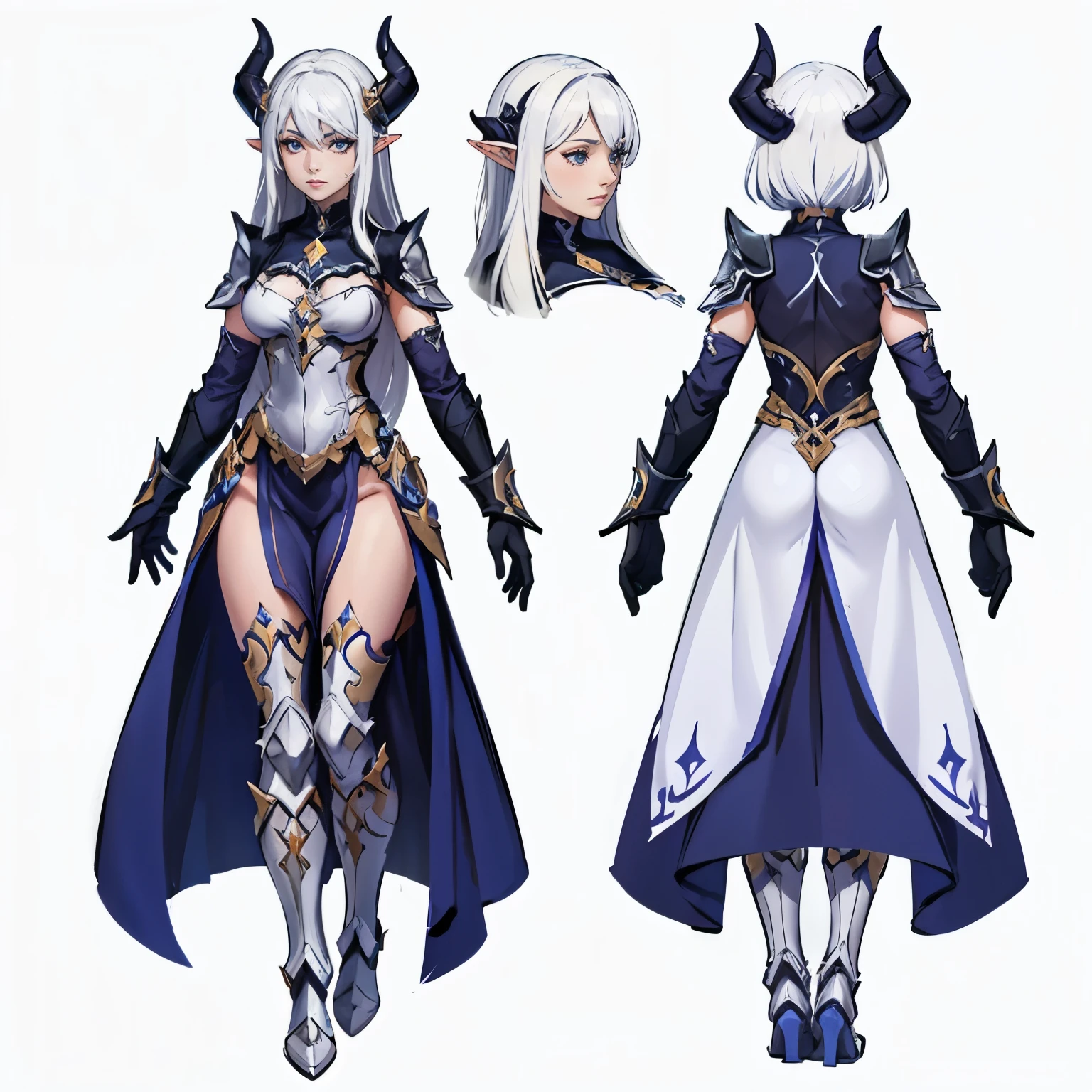 multiple views,1girl,Dark elf paladin with horns, long white hair,simple background,white background,full body
