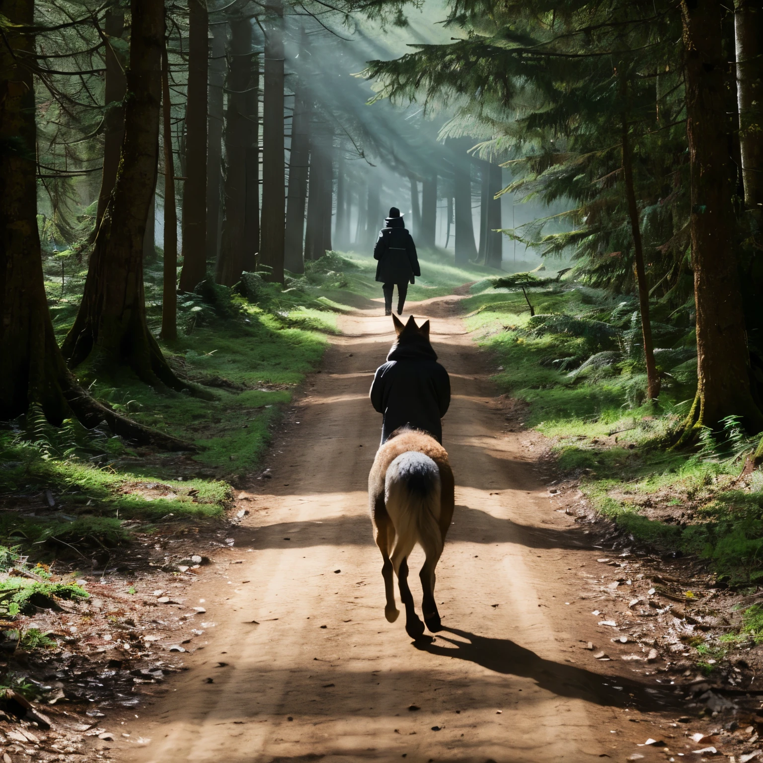 A wolf leads the way in the forest, walking ahead of me and looking back at me.