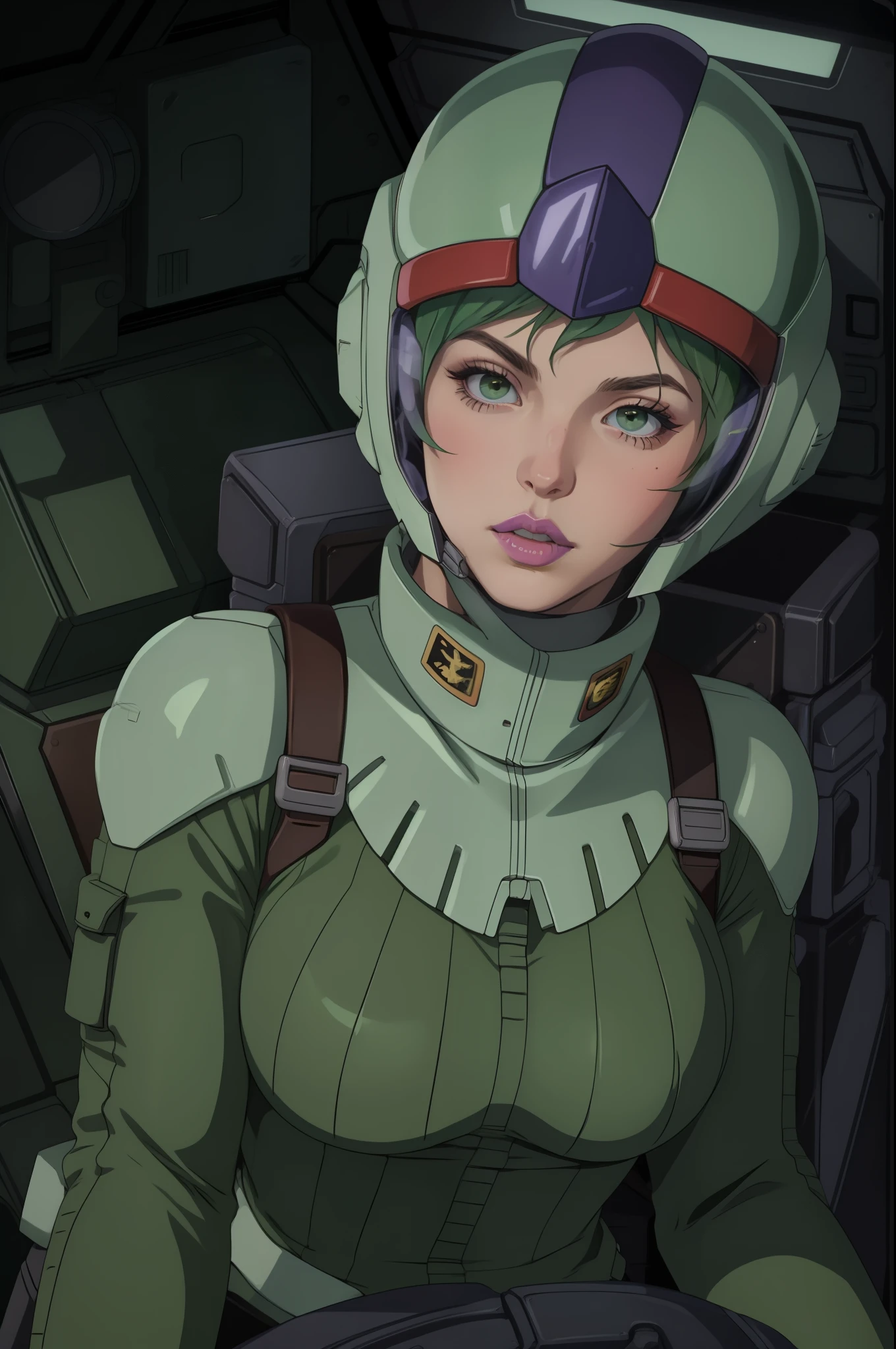 good anatomy, masterpiece, best quality,realistic, hyperrealistic, 16k hdr,photorealistic, cinematic, zeon pilot, helmet, cockpit view, 20yo,beauty woman,bright green hair,short cut,green flight suit,large breasts,(four murasame,purple lip:1.1)