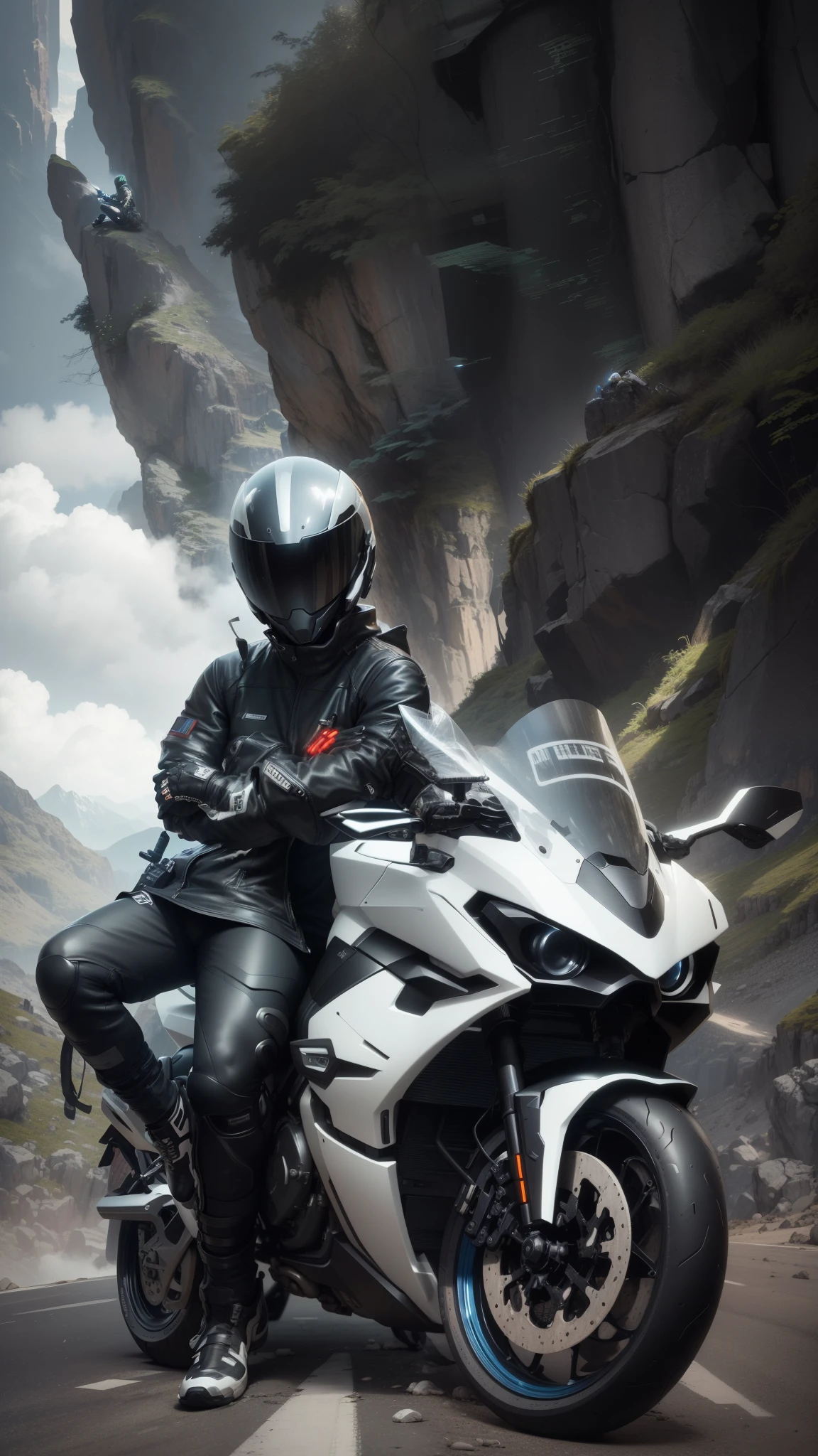 there is a man that is sitting on a motorcycle in the mountains, sitting on cyberpunk motorbike, riding a futuristic motorcycle, wearing space techwear, motorbiker, riding, biker, profile picture 1024px, picture of a male biker, future techwear, profile picture, lonely rider, sitting on a motorcycle, motorcycle, reflective suit, riding a motorcycle