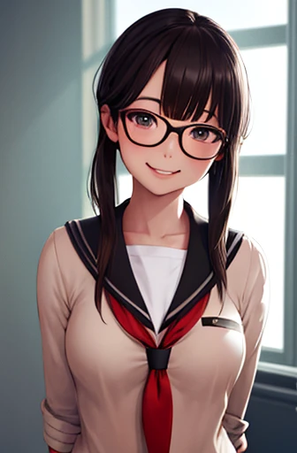 upper body shot,designer style,glasses,smile with visible teeth,school uniform, adorable, girl, highest quality, ultra high resolution, photo-realistic, Super detailed, 8K, RAW photo NSFW
