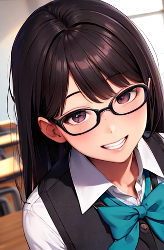 upper body shot,designer style,glasses,smile with visible teeth,school uniform, adorable, girl, highest quality, ultra high resolution, photo-realistic, Super detailed, 8K, RAW photo NSFW