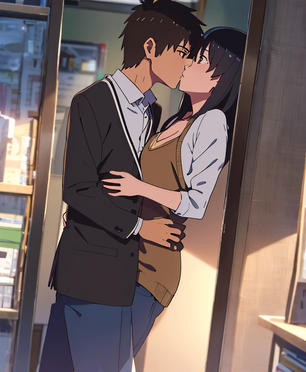 shinkai makoto, kimi no na wa., 1 boy, buzzcut, school uniform, boy is behind girl, touching chest, breatsgrope from behind, grab, grabbing chest, behind back, hug back, hugging, neck kiss, 1girl, black hair, waterfall braid, red ribbon, long hair, brown eyes, blue star necklace, light cardigan pink, open shirt, yellow shirt, white pants, cute, open mouth, full body, long sleeves, cowboy shot, masterpiece, on a dating, blushing, bedroom, night, sit on bed , buzzcut