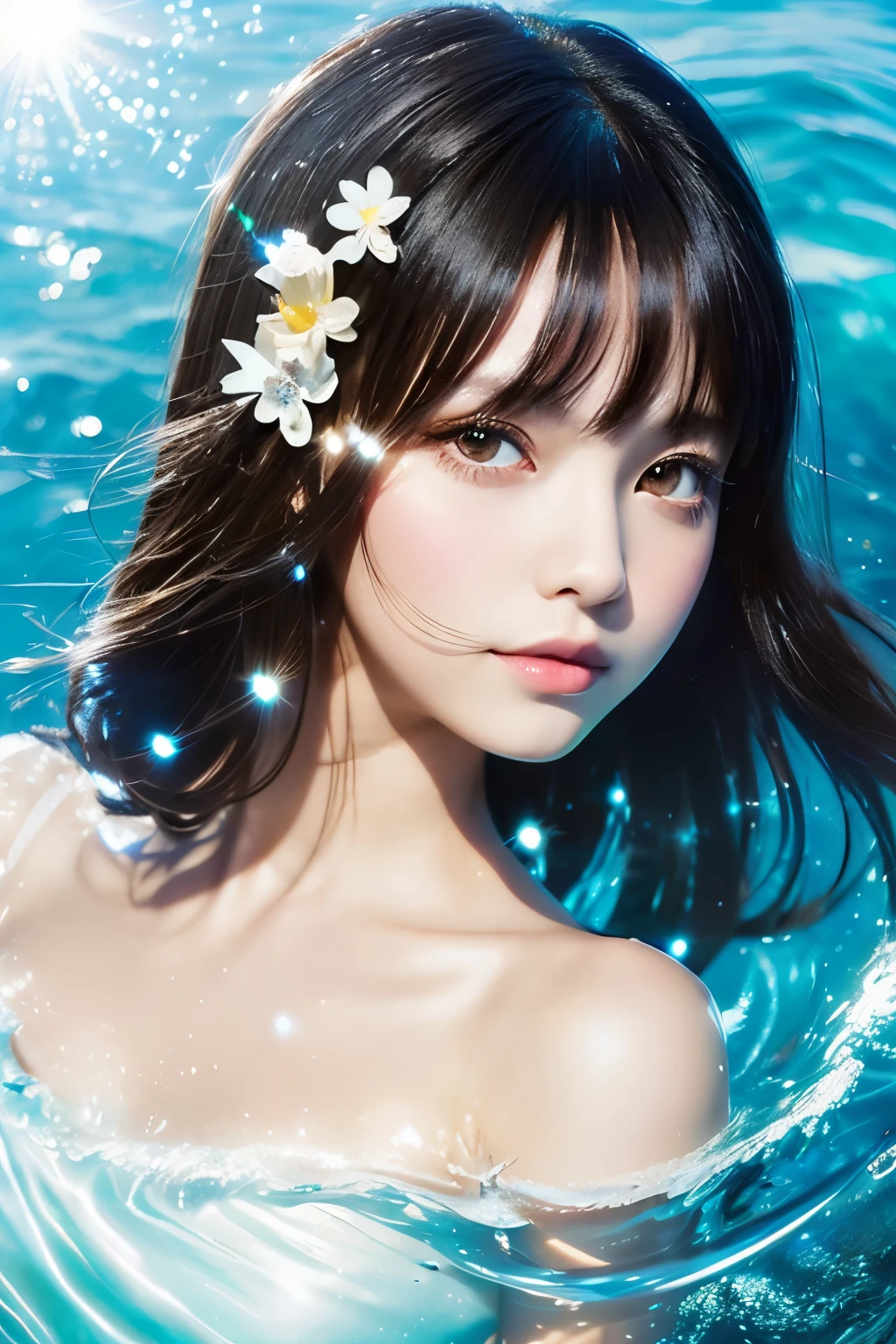 disorganized, High resolution, (official art, beautiful and aesthetic:1.2), (myopia:1.15), (1 girl, black hair, medium hair, brown eyes, bright eyes, white long dress, ,:1.2) , Sparkling Galaxy, Okinawa　Ocean:1.2), (fractal art:0.8), Water Effects, ripple effects, (Flower Effects: 0.65), light effect,