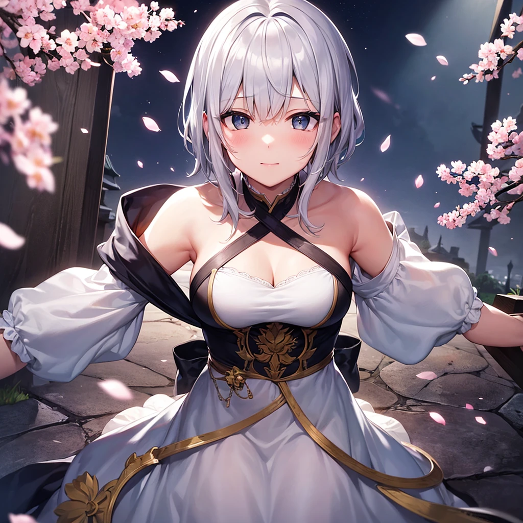 super high quality, with a girl, 20-year-old, very short hair, long bangs between the eyes, gray eyes , very detailed,(masterpiece、highest quality)、alone、gray hair、fantasy, silver hair, black eye, beautiful eyes,, ecstasy, charm, be smitten with audience, fantasyな風景、Princess、white clothes、cherry blossoms、night