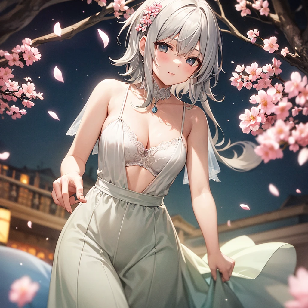 super high quality, with a girl, 20-year-old, very short hair, long bangs between the eyes, gray eyes ,  very detailed,(masterpiece、highest quality)、alone、gray hair、fantasy, silver hair, black eye, beautiful eyes,, ecstasy, charm, be smitten with audience, fantasyな風景、Princess、white clothes、cherry blossoms、night