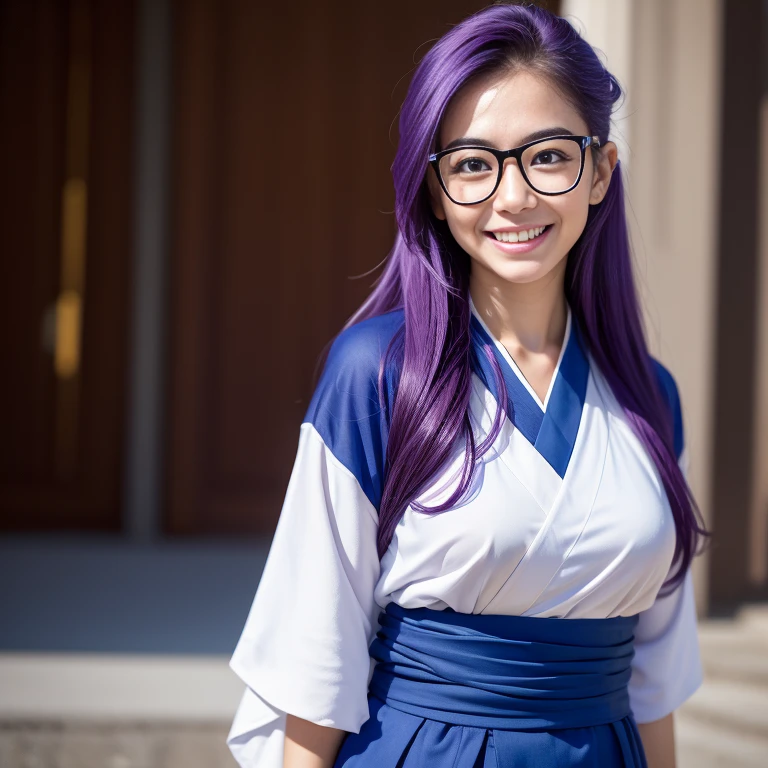 (masterpiece, best quality:1.4), (standing:1.5) (graceful pose:1), 1girl, solo, (european youth:1), arale, glasses, blue eyes, long hair, purple hair, with the word "ARALE", dark blue kimono, looking at viewer, beautiful smile, beautiful face, smiley eyes, highly detailed face, highly detailed eyes, white teeth, mature looking, highly detailed skin, skin pores, subsurface scattering, realistic pupils, full face blush, full lips, detailed background, depth of field, volumetric lighting, sharp focus, absurdres, realistic proportions, good anatomy, (realistic, hyperrealistic:1.4), 16k hdr,