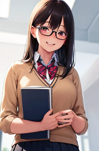 (looking down:1.4) , book,upper body shot,designer style,glasses,smile with visible teeth,school uniform, adorable, girl, highest quality, ultra high resolution, photo-realistic, Super detailed, 8K, RAW photo NSFW