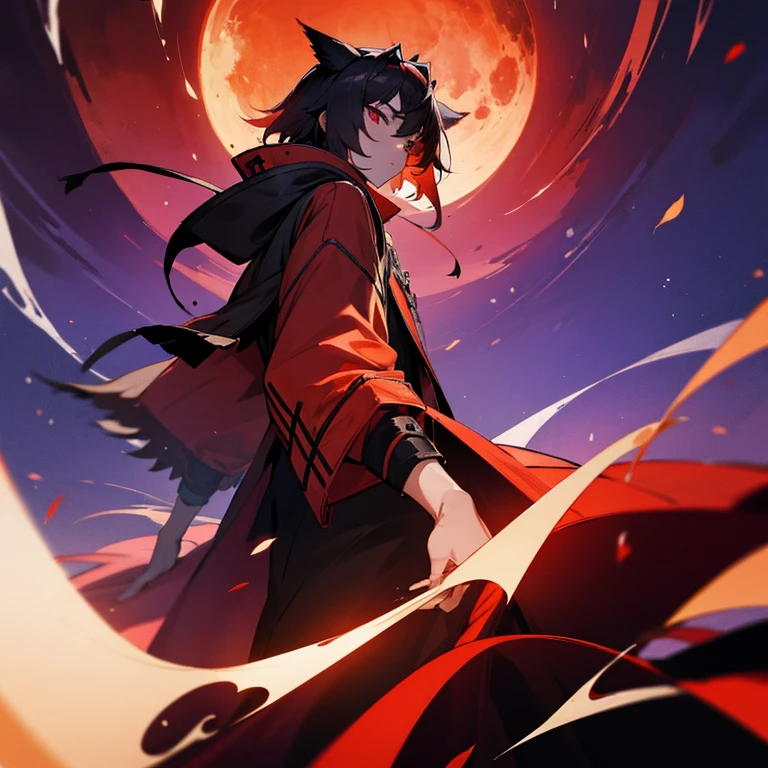 short black hair，red pupils，Purple hooded trench coat，Wind power，I have a magical ball in my hand，18-year-old young male，Background with red sky and beast silhouette