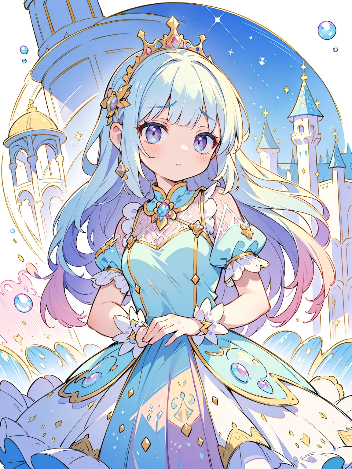 masterpiece, best quality, 8K resolution, sharp focus, intricate details, beautiful girl, Bright Eyes, golden ratio face, Otherworldly liquids, watercolor, ((pastel colors right color, whimsical, rich and colorful, sharp focus, high resolution, fine details, Princess Fantasy Prom Dress, ((round eyes)), Iridescent bubbles, Castle view in the background