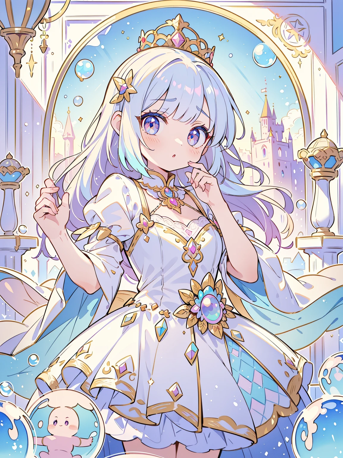 masterpiece, best quality, 8K resolution, sharp focus, intricate details, beautiful girl, Bright Eyes, golden ratio face, Otherworldly liquids, watercolor, ((pastel colors right color, whimsical, rich and colorful, sharp focus, high resolution, fine details, Princess Fantasy Prom Dress, ((round eyes)), Iridescent bubbles, Castle view in the background
