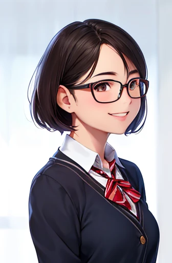 looking away:1.4,upper body shot,Painter style,glasses,smile with visible teeth,school uniform, adorable, girl, highest quality, ultra high resolution, photo-realistic, Super detailed, 8K, RAW photo NSFW