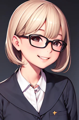 looking away:1.4,upper body shot,designer style,glasses,smile with visible teeth,school uniform, adorable, girl, highest quality, ultra high resolution, photo-realistic, Super detailed, 8K, RAW photo NSFW