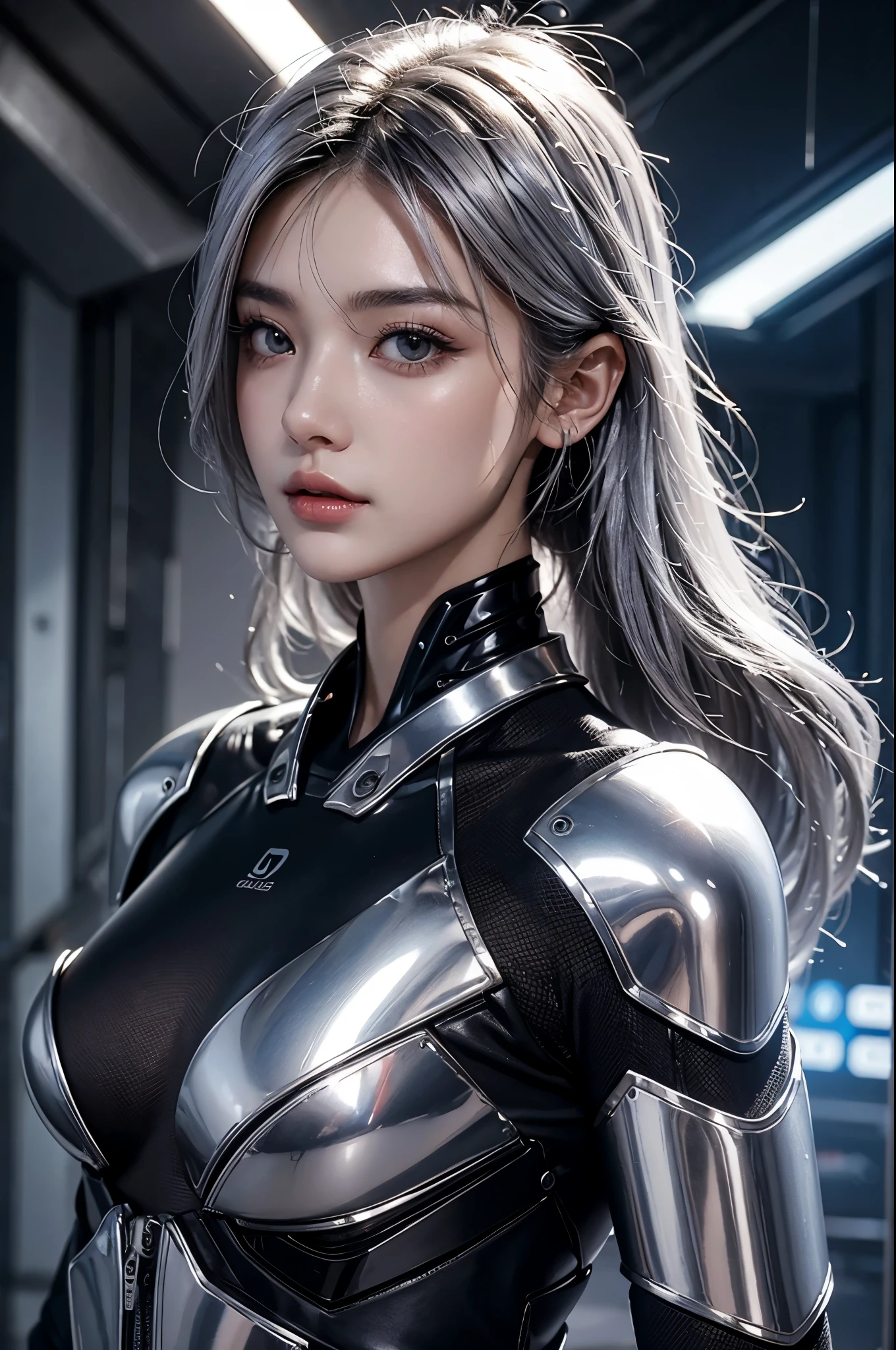 fully body photo,Wearing a mecha combat suit,Bright red reflective color scheme,Possession of firearms and weapons,Latex texture,Boots on his feet,Shiny hair,Full breasts,Muscles full of strength,Slender thighs,Full body portrait photo,Realistic graphics,Exquisite facial features,Full buttocks, (RAW photo, Highest quality, Full body photo,Masterpiece: 1.2), (Realistic, Photorealistic: 1.4), (Masterpiece: 1.4), (Highest quality: 1.4), (Super detailed), ((High contrast)), (High saturation), (Beautiful detail eyes), ((Very delicate and beautiful)), (Lovely hands, Perfect hands), ((five precise fingers, feminine beautiful fingers)), (The background is a mechanical network city without people), One girl,Attractive pose,perfect thighs,cyberpunk backgrouns,blue hairs