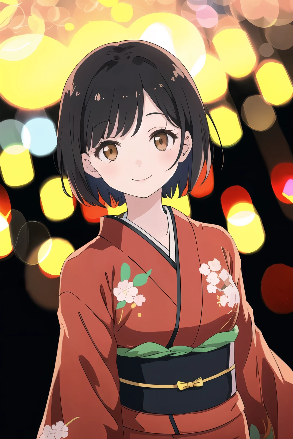 (adult, woman, 25 years old, small breasts, Upper body, black hair,Smile, brown eyes :1.1), , (Beautiful embroidered kimono:1.4), 1 girl, alone, japanese clothes, black hair, short hair, simple background, looking at the audience,(depth of field, vague, vague background, Bokeh:1.4), SFW