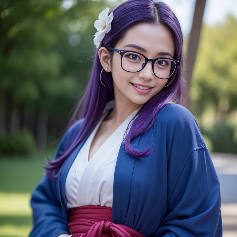 (masterpiece, best quality:1.4), (standing:1.5) (graceful pose:1), 1girl, solo, (european youth:1), arale, glasses, blue eyes, long hair, purple hair, a strand of grey hair, with the word "ARALE", dark blue kimono, looking at viewer, beautiful smile, beautiful face, smiley eyes, highly detailed face, highly detailed eyes, white teeth, mature looking, highly detailed skin, skin pores, subsurface scattering, realistic pupils, full face blush, full lips, detailed background, depth of field, volumetric lighting, sharp focus, absurdres, realistic proportions, good anatomy, (realistic, hyperrealistic:1.4), 16k hdr,