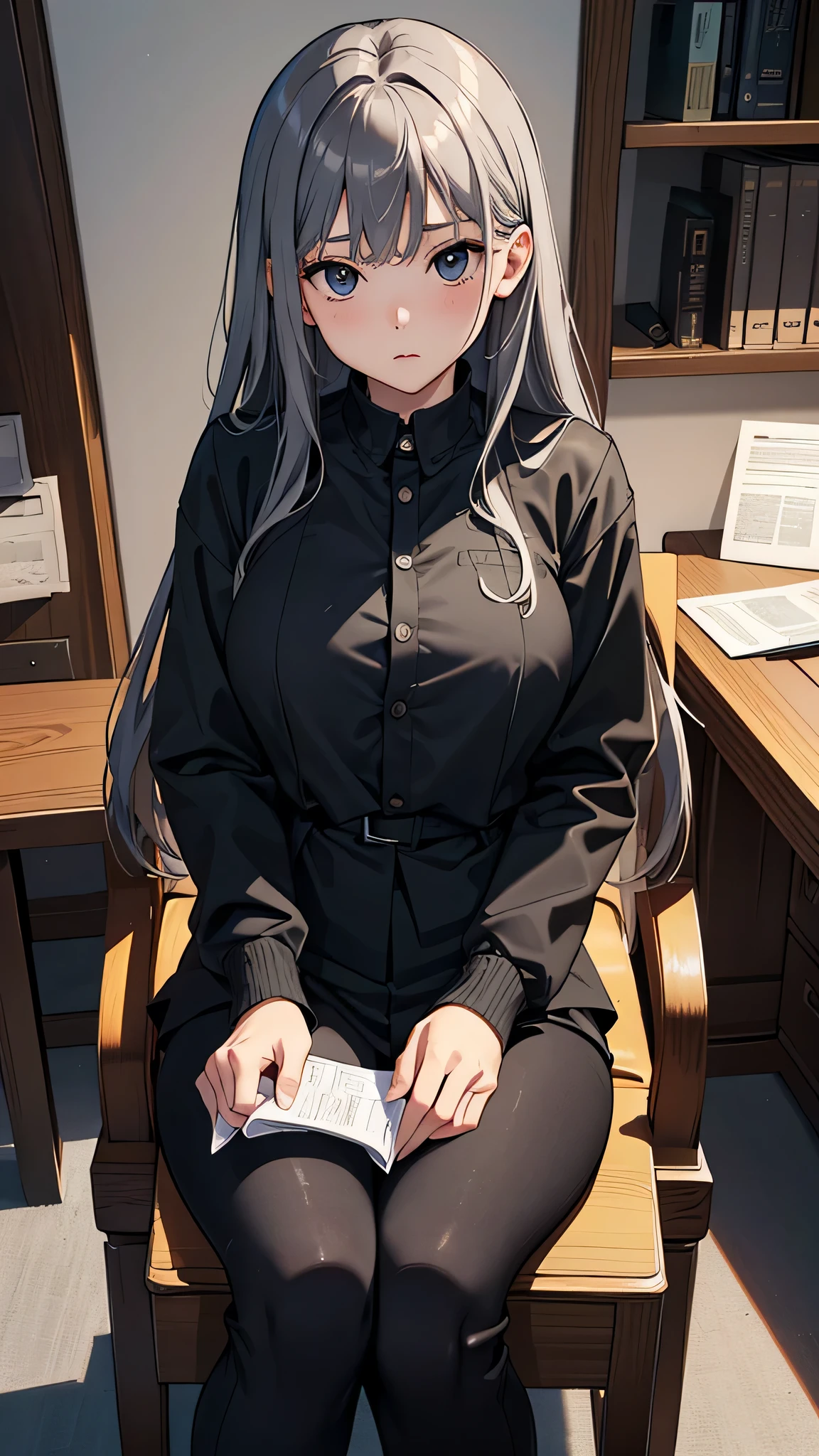 最high quality、best image quality、masterpiece、teenage girl((18-year-old、 By becoming、vest bust、medium bust,wide open breast tea、black eye, gray hair、long hair、thin,highest valley、Black Y-shirt、Black Recruit Suit,Have a document、face forward、sit on a chair、Uncomfortable)),high quality、beautiful art、background((company office))debris flies、Depth of written boundary、movie、visual art、perfect art、8K,genuine