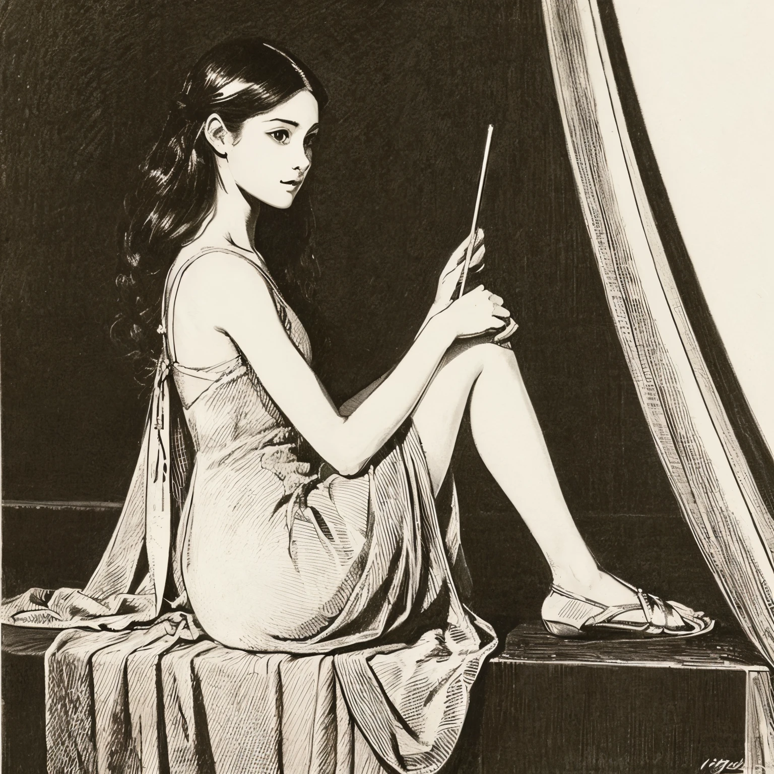 An illustration、Mucha、picture、black and white、影picture、pencil drawing、classical ballet、woman、Prima、Etoile