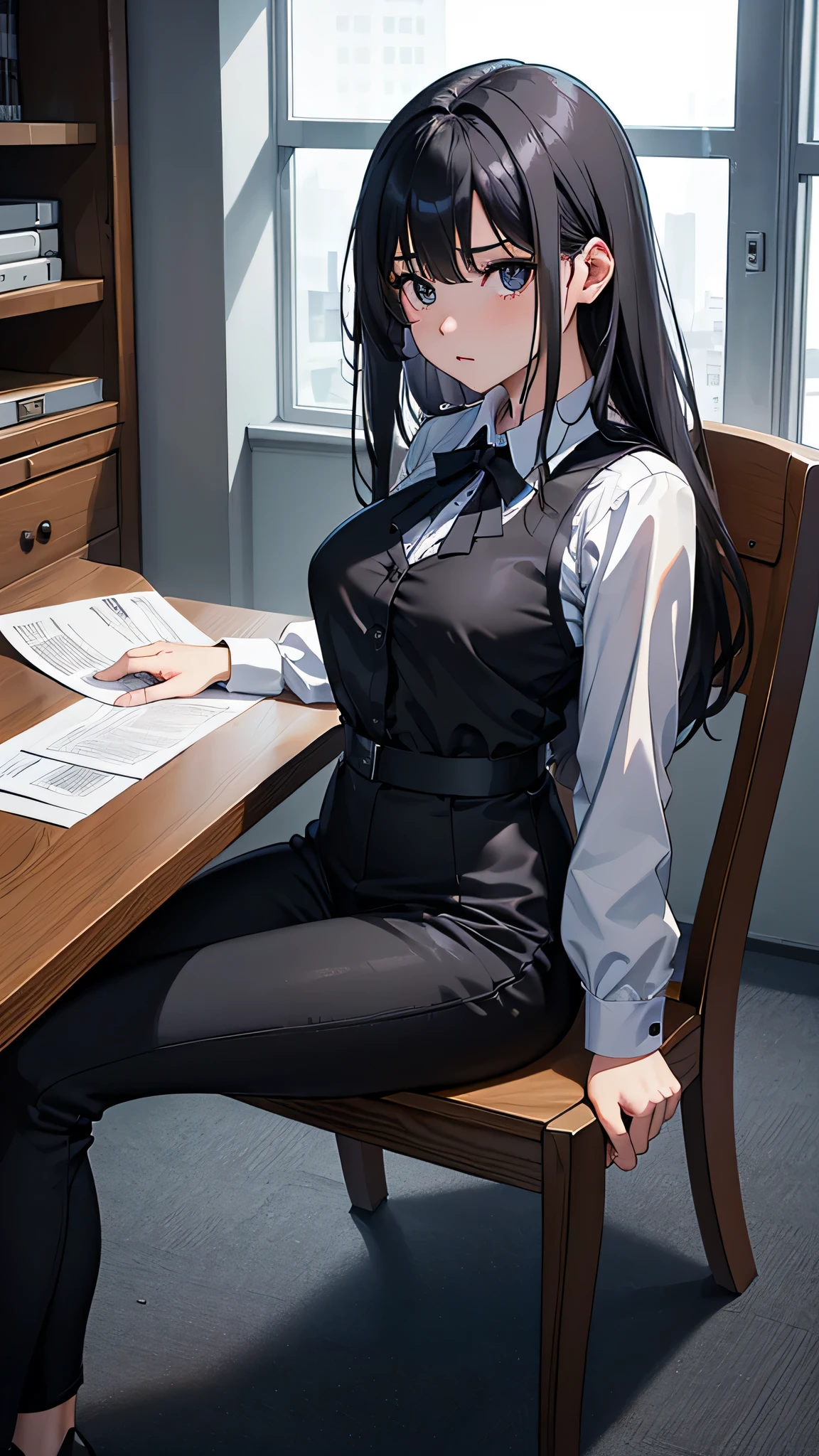 最high quality、best image quality、masterpiece、teenage girl((18-year-old、 By becoming、vest bust、medium bust,wide open breast tea、black eye, gray hair、long hair、thin,highest valley、Black Y-shirt、Black Recruit Suit,Have a document、face forward、sit on a chair、Uncomfortable)),high quality、beautiful art、background((company office))debris flies、Depth of written boundary、movie、visual art、perfect art、8K,genuine