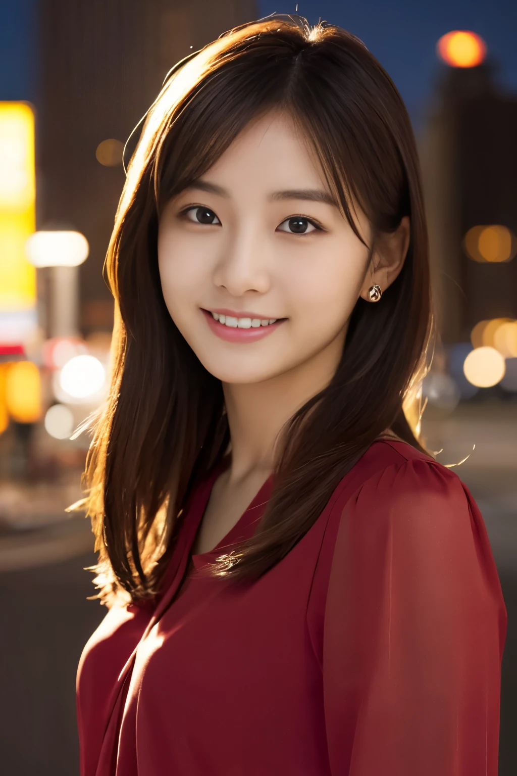 1 girl, (wearing a red blouse:1.2), beautiful japanese actress,
(RAW photo, highest quality), (realistic, Photoreal:1.4), masterpiece, 
very delicate and beautiful, very detailed, 2k wallpaper, wonderful, 
finely, very detailed CG Unity 8K 壁紙, Super detailed, High resolution, 
soft light, beautiful detailed girl, very detailed目と顔, beautifully detailed nose, beautiful and detailed eyes, 
cinematic lighting, Against the backdrop of the cityscape at night, city lights, perfect anatomy, slender body, smile