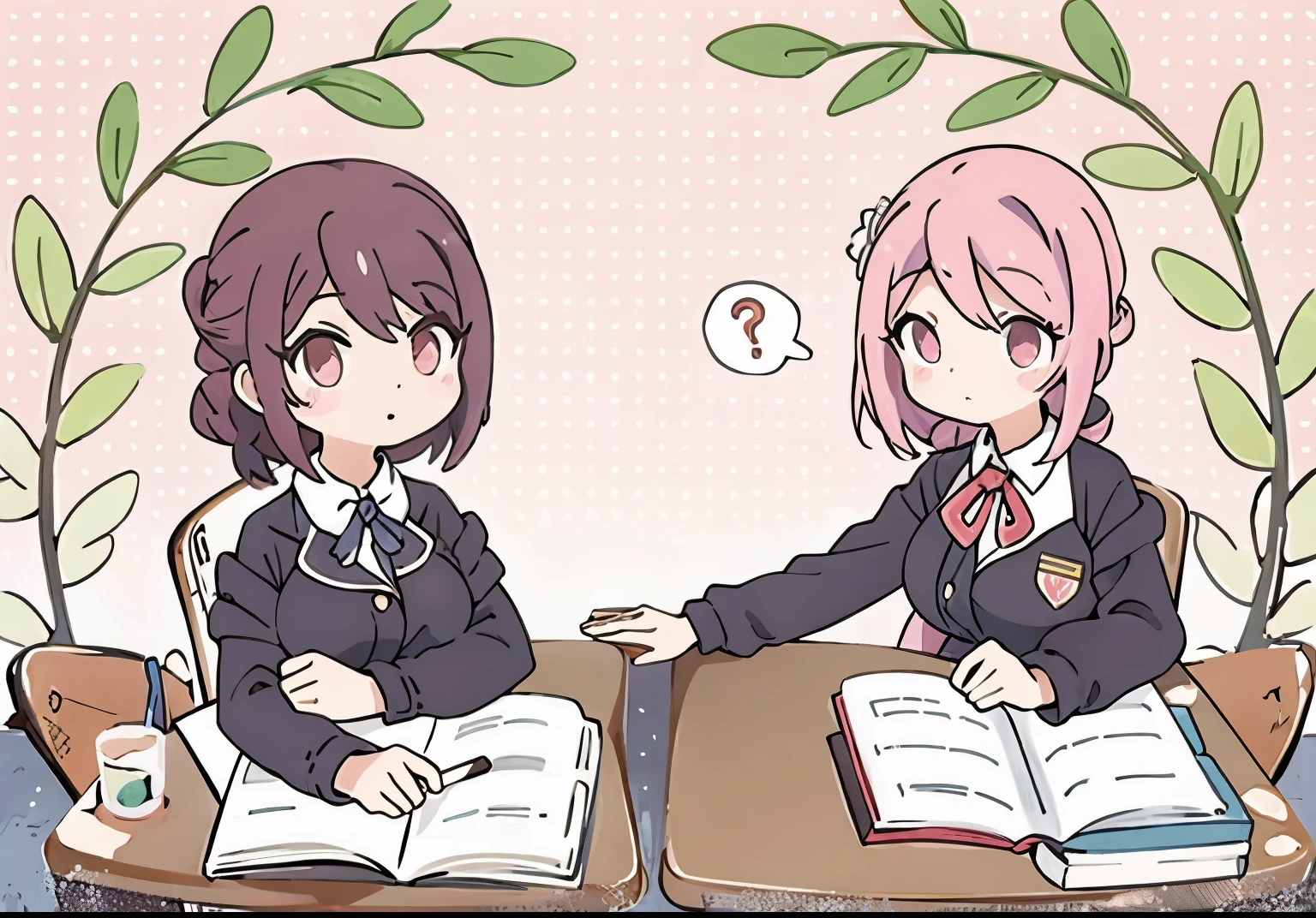 Two girls sitting at the table in the classroom，Holding book and big lollipop in hand,  High quality fan art, high school, 