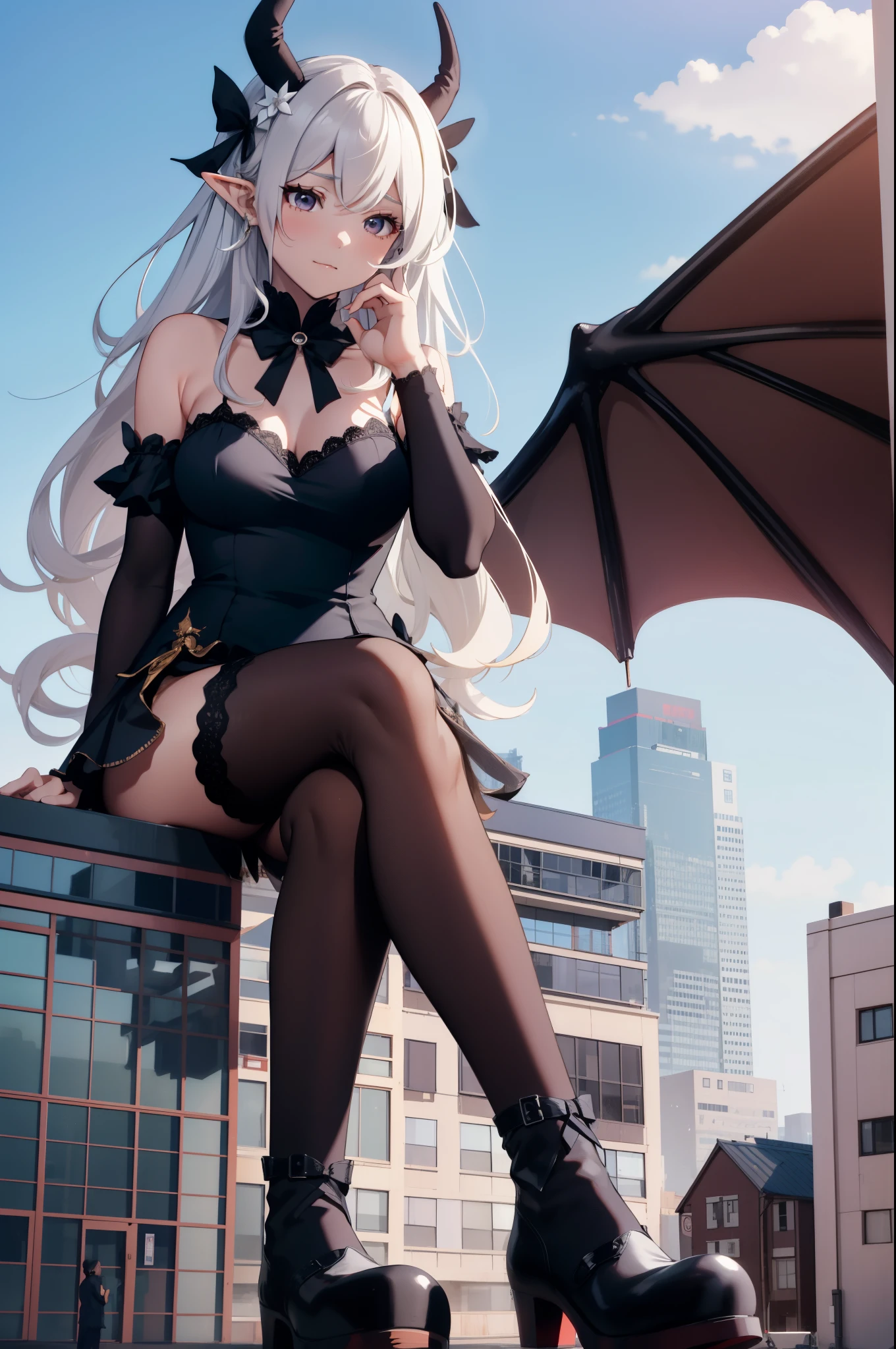 giant girl 50,000 feet high,Weight 1000kg,Has a pair of long legs,Open your eyes wide,There are a pair of dragon wings,dragon horn,Dragon tail,wearing white earrings,She has long pink hair that reaches her feet,loose hair,Pink wavy long curly hair,Wearing a pair of black boots,black sleeves,Wearing black lace pantyhose,Pantyhose with bow and star decorations,黑色蕾丝whole body,sitting on a tall building,Beautiful appearance,Exquisite makeup,quality,8k,高quality,Perfect proportion, Cinema lighting,film grain,Fuji colors,8k,textured skin,Super details,high detail,high resolution,charming,blood stains,脚底有blood stains,whole body,Obese,elf princess,feather,flowers