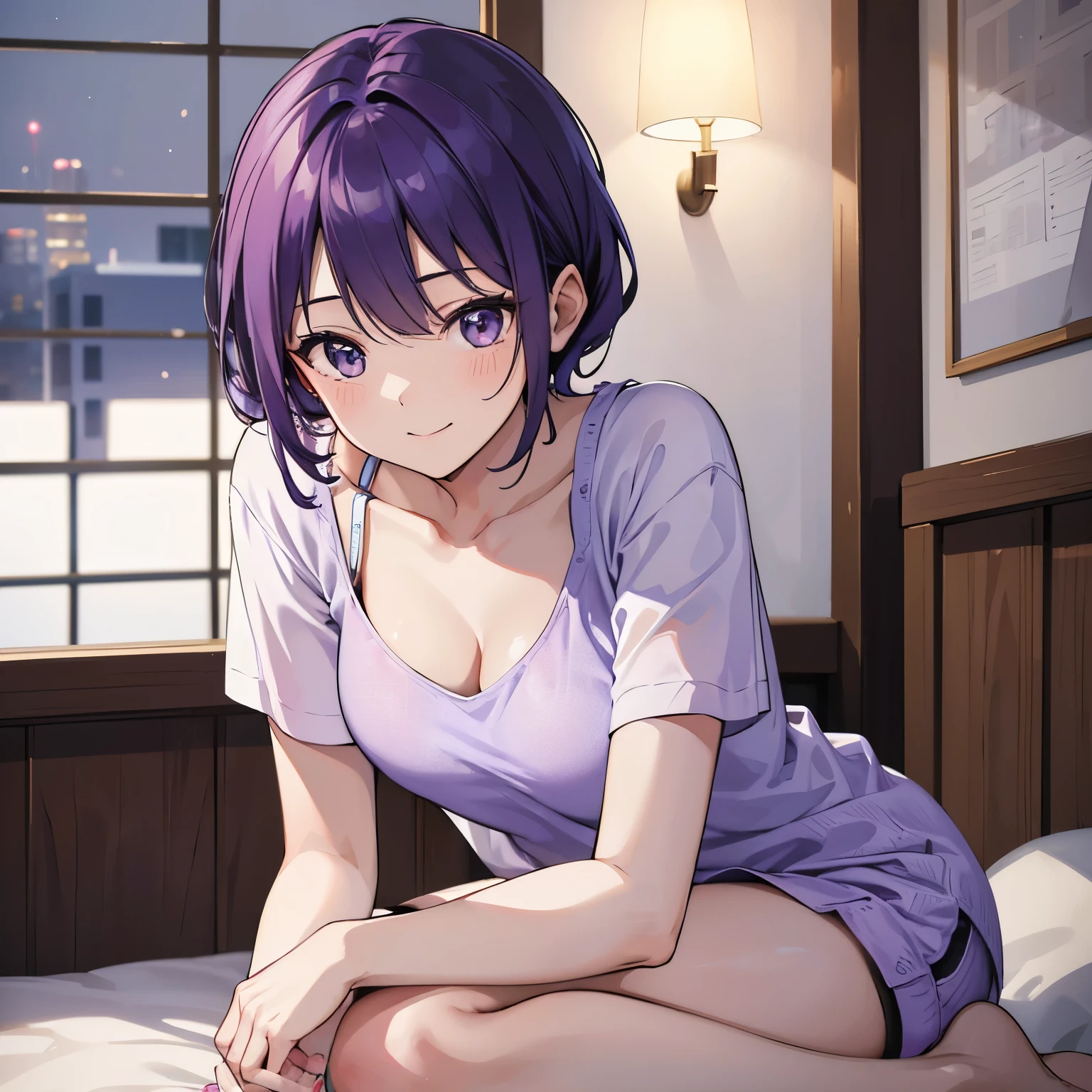 (T Masterpiece，4k wallpaper，best quality))、((girl１people))、(solo)、Brilliant，(purple hair)、(shortcut:1.3)、close up of face、smile、Bedroom、night、nightwear