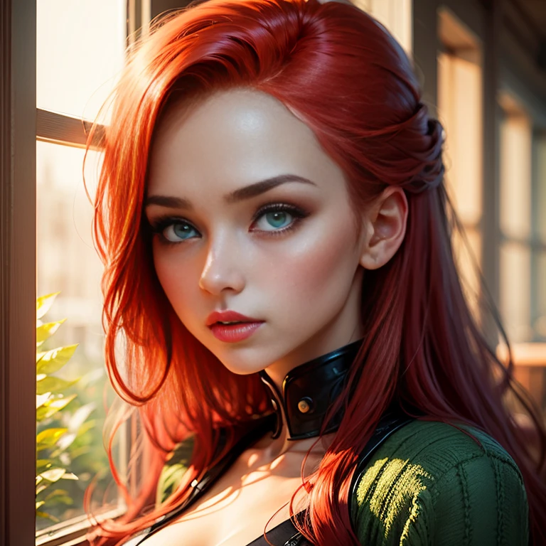 redheaded youngwoman green eyes alluring stare  