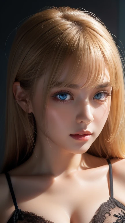 highest quality、8k Masterpiece、Ultra-high resolution、(Realistic:1.3)、RAW Photos、14 year old Scandinavian girl with shiny blonde hair、Silvery blonde hair、Super long straight hair、Bangs between the eyes、Bangs that cover the eyes、片Bangs that cover the eyes、Bangs between the eyes、White and glowing skin、1. Cyberpunk Super Beautiful Soldier、((Ultra-Realistic Details))、Portraiture、Global Illumination、Shadow Realm、Octane Rendering、8k、Ultra Sharp、Metal、Cool colors、、Very intricate detail、Realistic Light、Trends of the CG Association、so beautiful, Big bright blue eyes、Very big eyes、Eyes shining at the camera、Neon Details、Small Face Beauty、Round face、Cheek highlight